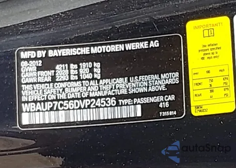 2013 BMW 128I из США, поврежденный, VIN WBAUP7C56DVP24536